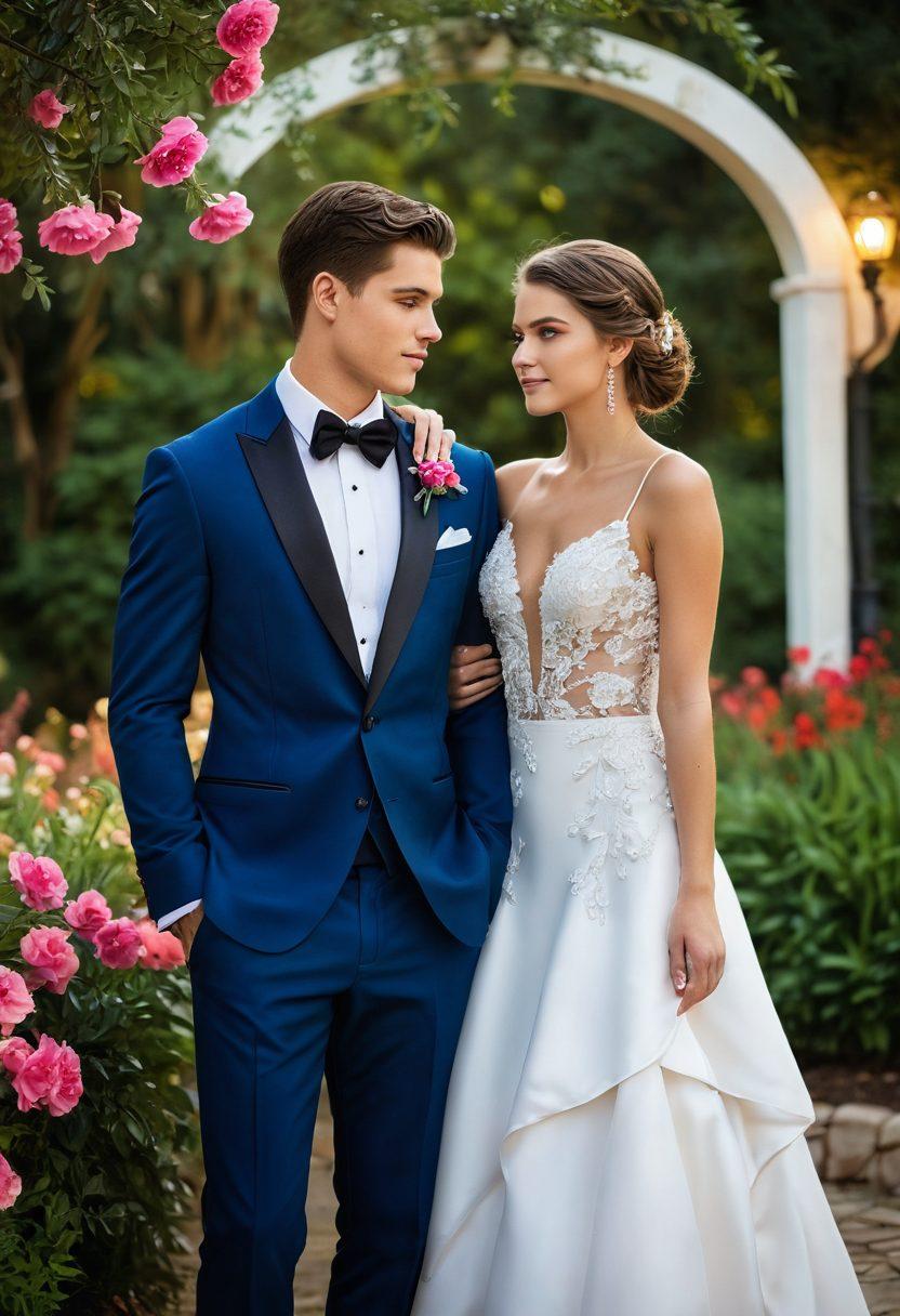 A fashionable young couple in a stunning outdoor setting, showcasing a range of stylish formal suits and tuxedos, with elegant accessories and floral accents. The backdrop features a beautifully decorated prom scene transitioning seamlessly into a romantic wedding setting, emphasizing versatility in formal wear. Soft, natural lighting accentuates the textures and colors of the outfits, creating a dreamy ambiance. vibrant colors. super-realistic.