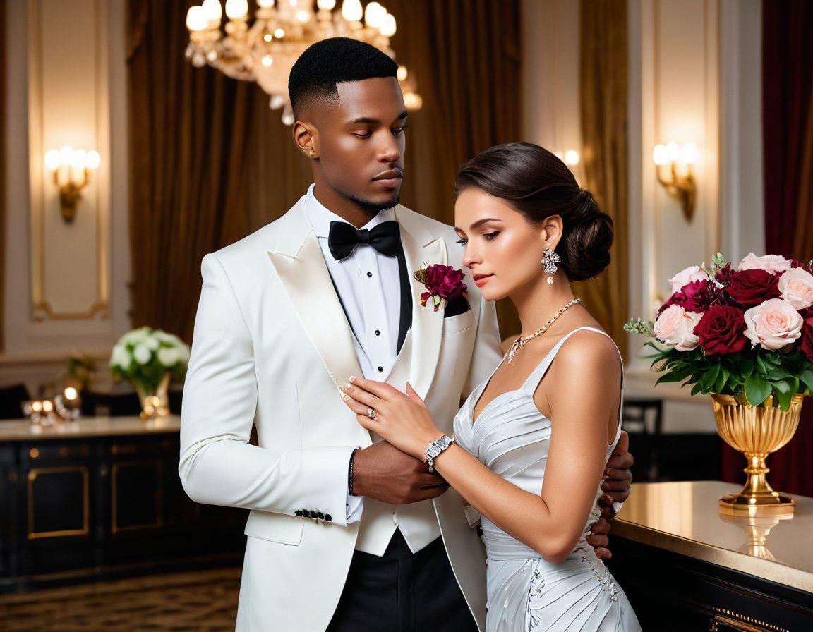 A stylish man and woman dressed in elegant formal wear, surrounded by exquisite accessories like cufflinks, watches, and statement jewelry. They stand in a beautifully decorated ballroom, with soft lighting illuminating their refined outfits. The ambiance is sophisticated, showcasing a blend of modern and classic design elements. The background features elegant floral arrangements and soft drapery, enhancing the theme of luxury. super-realistic. vibrant colors. elegant atmosphere.
