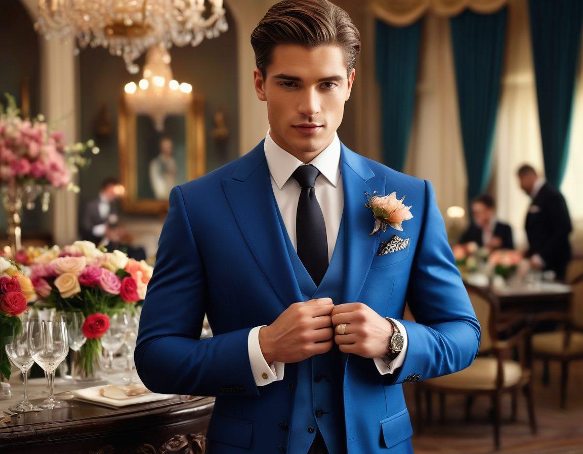 A stylish man in a perfectly tailored formal suit, confidently adjusting his cufflinks, set against a backdrop of a sophisticated celebration with elegant decorations like chandeliers and floral arrangements. Include a diverse group of well-dressed individuals mingling in the background, showcasing a variety of tailored styles. The scene should evoke a sense of celebration and elegance. super-realistic. vibrant colors. classy atmosphere.